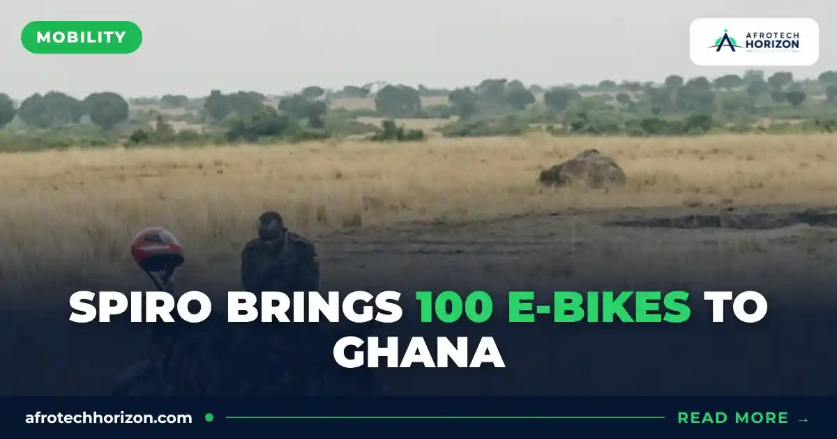 A rider sits on a motorcycle in open grassland under the headline Spiro brings 100 e-bikes to Ghana