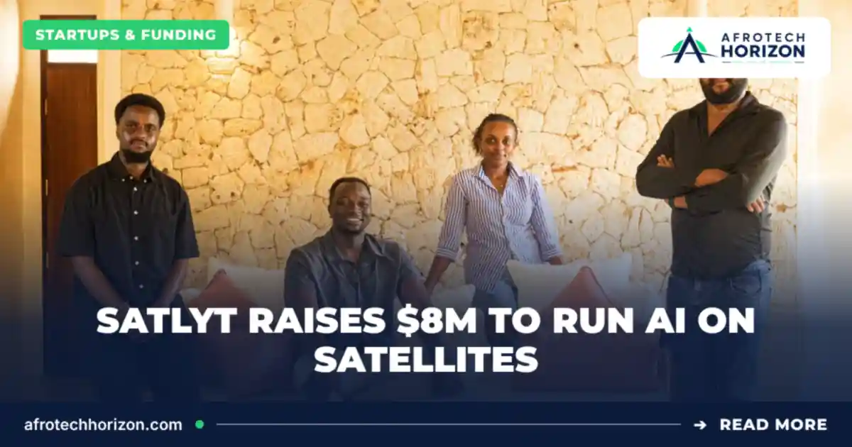 Four members of the Satlyt team posing in a room with a stone wall, with the Afrotech Horizon logo and a Startups and Funding label