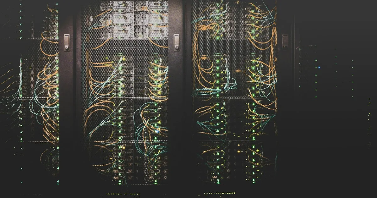 Rows of network cables plugged into server racks in a data centre.