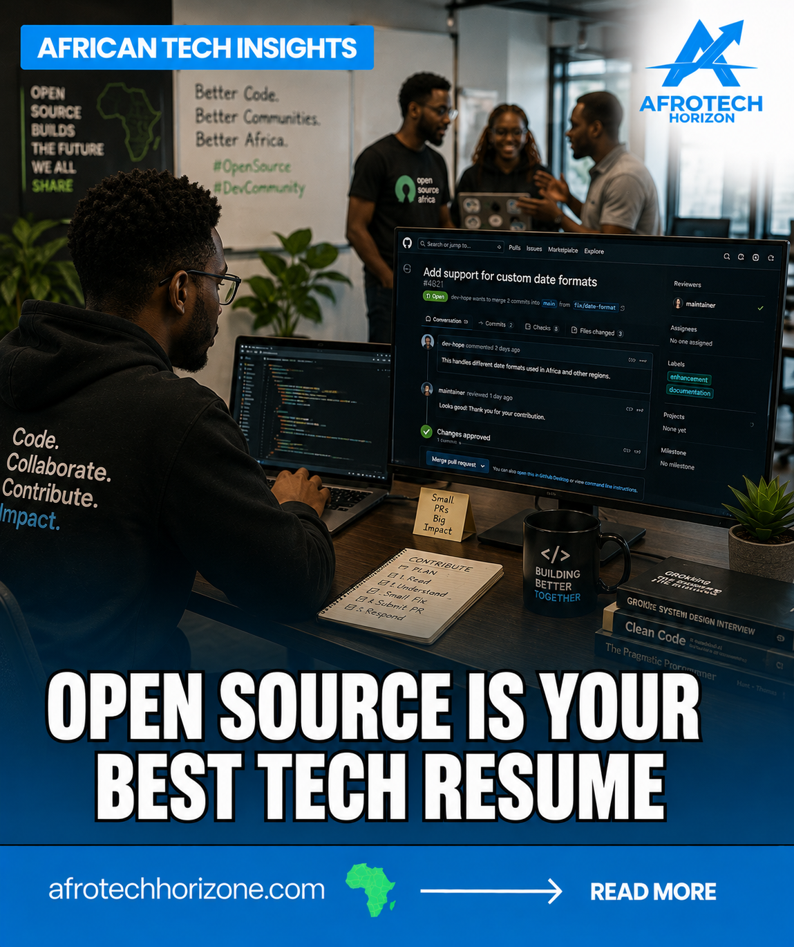 African software developer contributing to an open-source project on a computer, with code reviews and collaborative programming tools visible, illustrating how open-source contrib