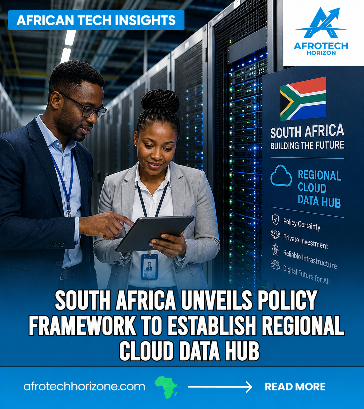 Technology professionals work inside a modern data center supporting South Africa's vision for a regional cloud infrastructure hub.