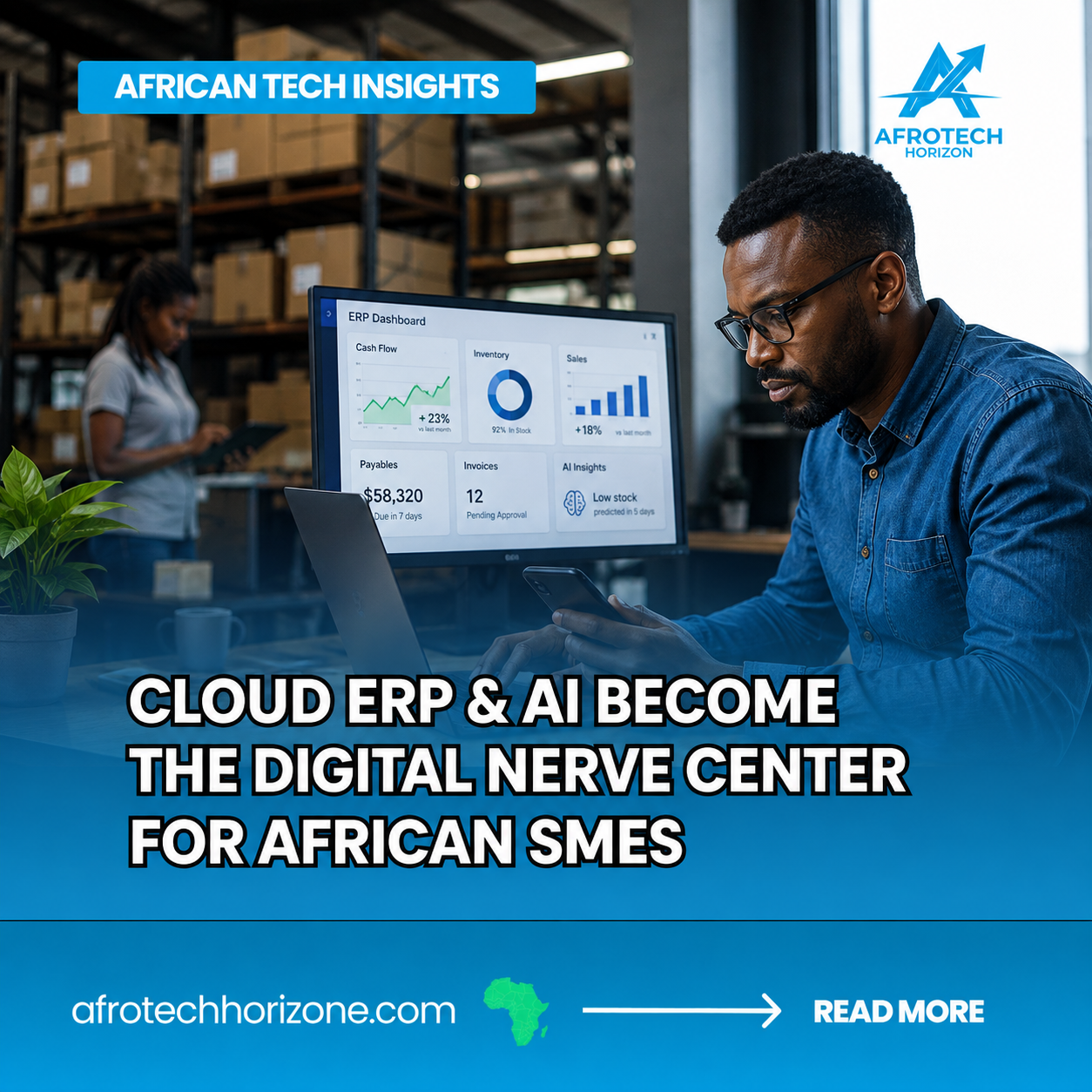 African SME business professional using a cloud ERP dashboard to manage finance, inventory, sales and AI-powered business operations