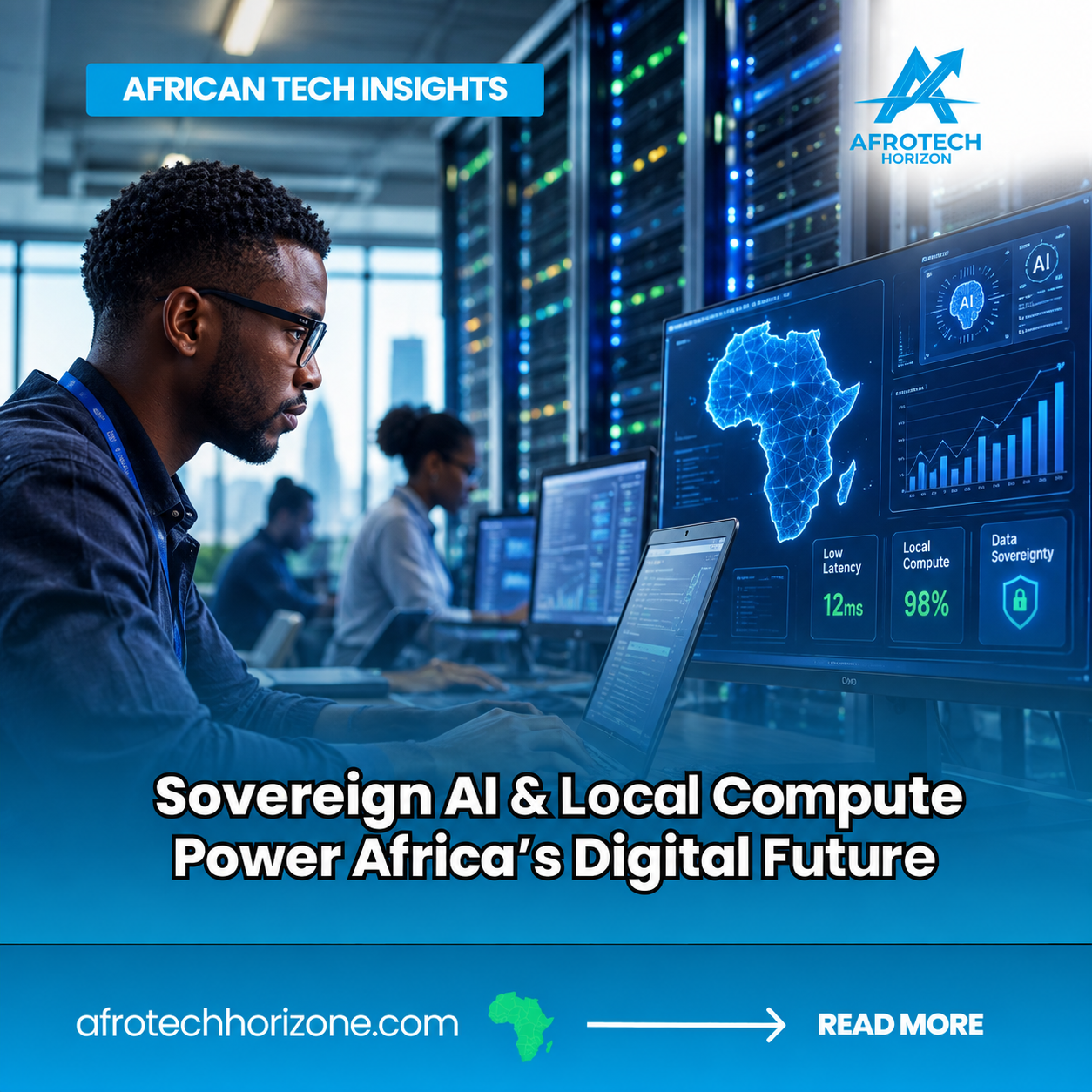 African technology professionals working in a modern data center with AI dashboards, server infrastructure, and a digital map of Africa, illustrating the growth of sovereign AI and