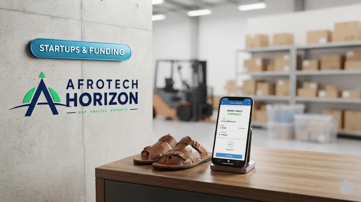 Handcrafted sandals beside a digital payment terminal in front of an AfroTech Horizon logo and 'STARTUPS & FUNDING' badge, with a warehouse background.