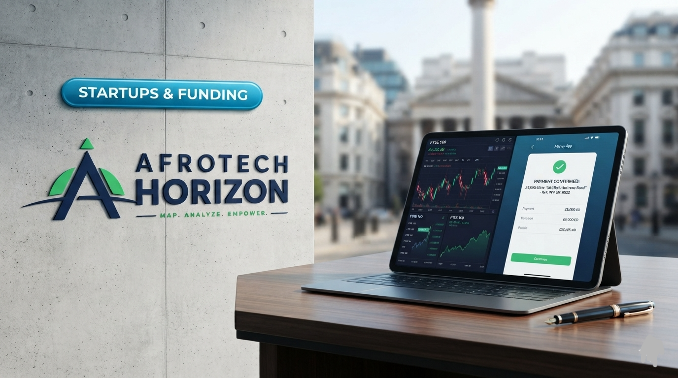 A tablet showing market charts and a mobile money app screen in front of an AfroTech Horizon logo and 'STARTUPS & FUNDING' badge, with London stock exchange architecture in the bac