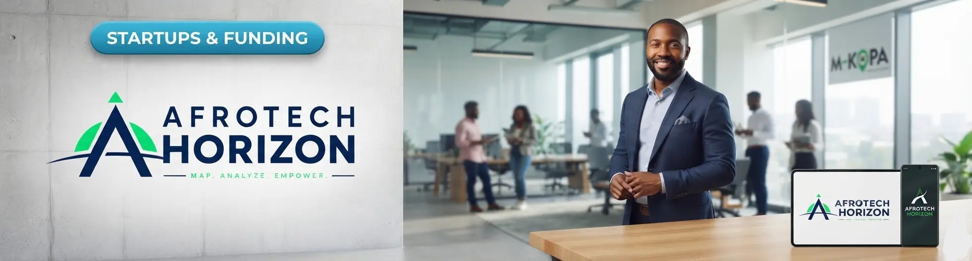 A smartphone with a digital lock interface and M&A documents in front of an AfroTech Horizon logo and 'STARTUPS & FUNDING' badge, with a office building in the background.