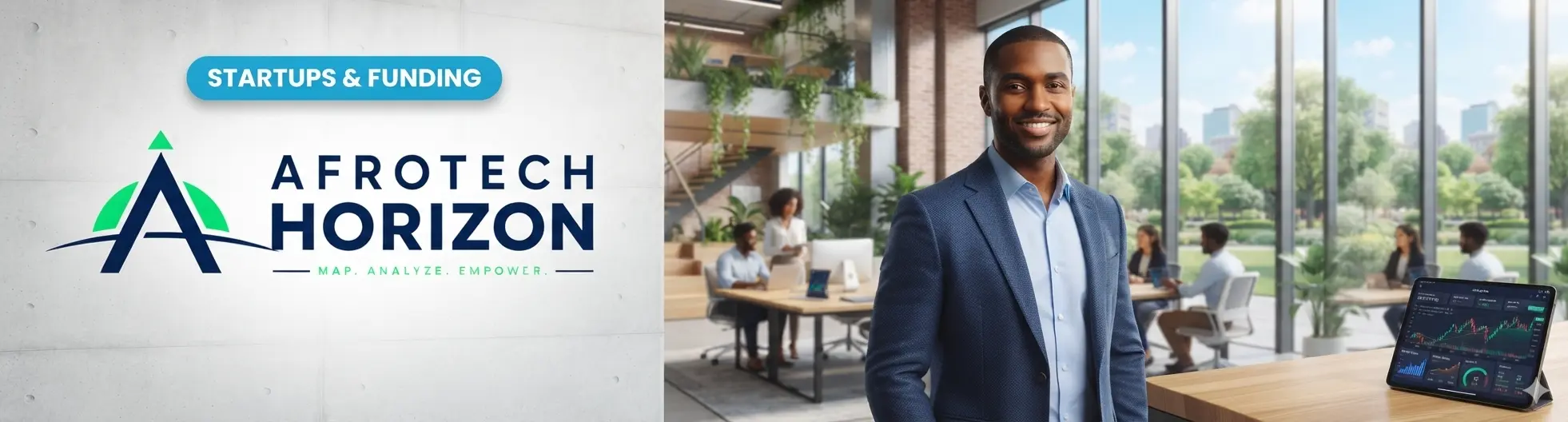 Editorial portrait of Cowrywise CEO Razaq Ahmed alongside the AfroTech Horizon logo and 'STARTUPS & FUNDING' badge, with stock market performance charts visible in the workspace ba