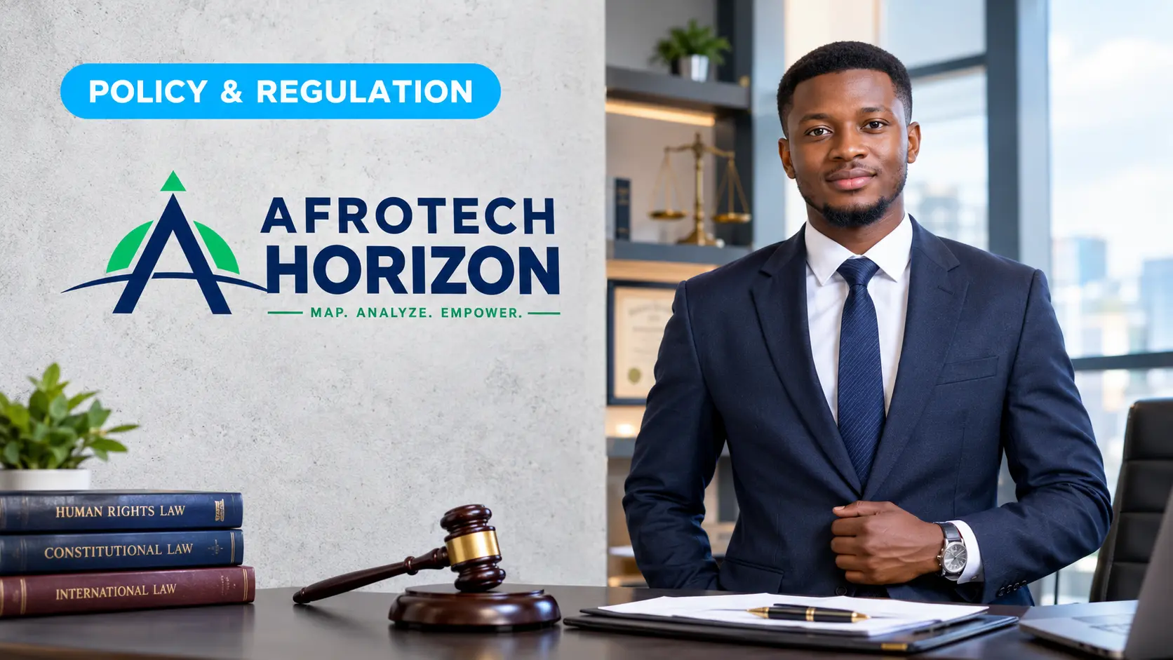 Editorial portrait of lawyer Festus Ogun with legal documents in front of an AfroTech Horizon logo and 'POLICY & REGULATION' badge, with an office background.