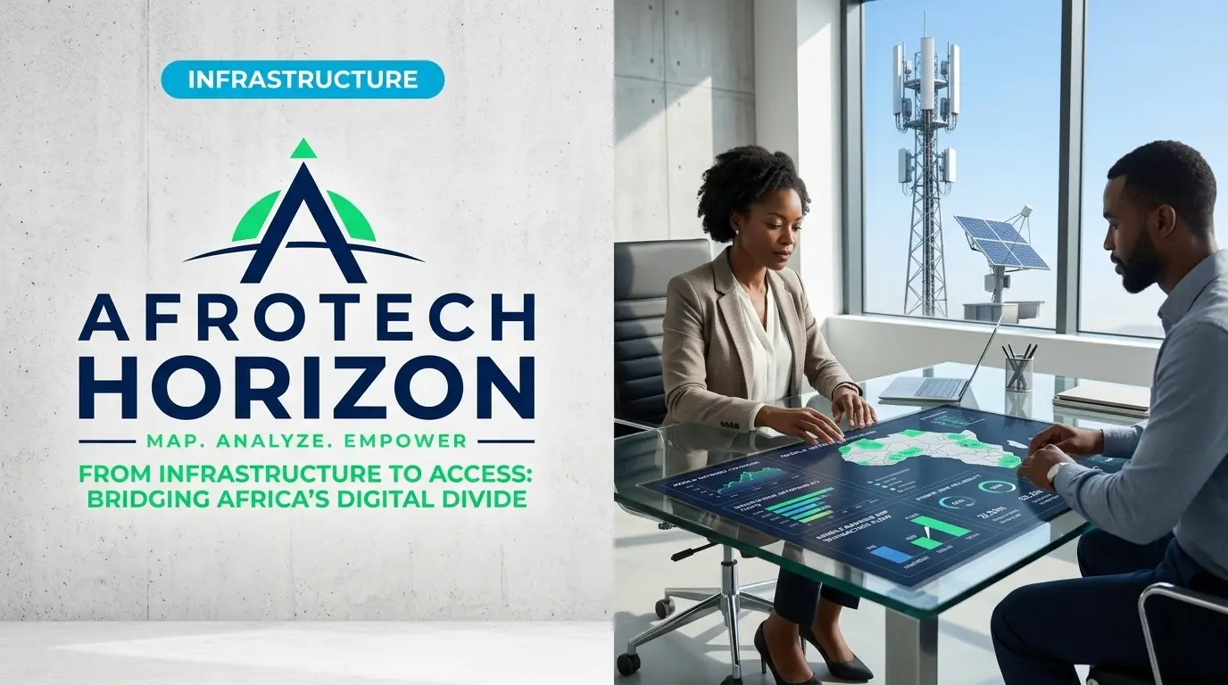 Editorial portrait of a telecom expert and fintech advisor reviewing internet coverage maps, device affordability metrics, and mobile banking flows in front of an AfroTech Horizon