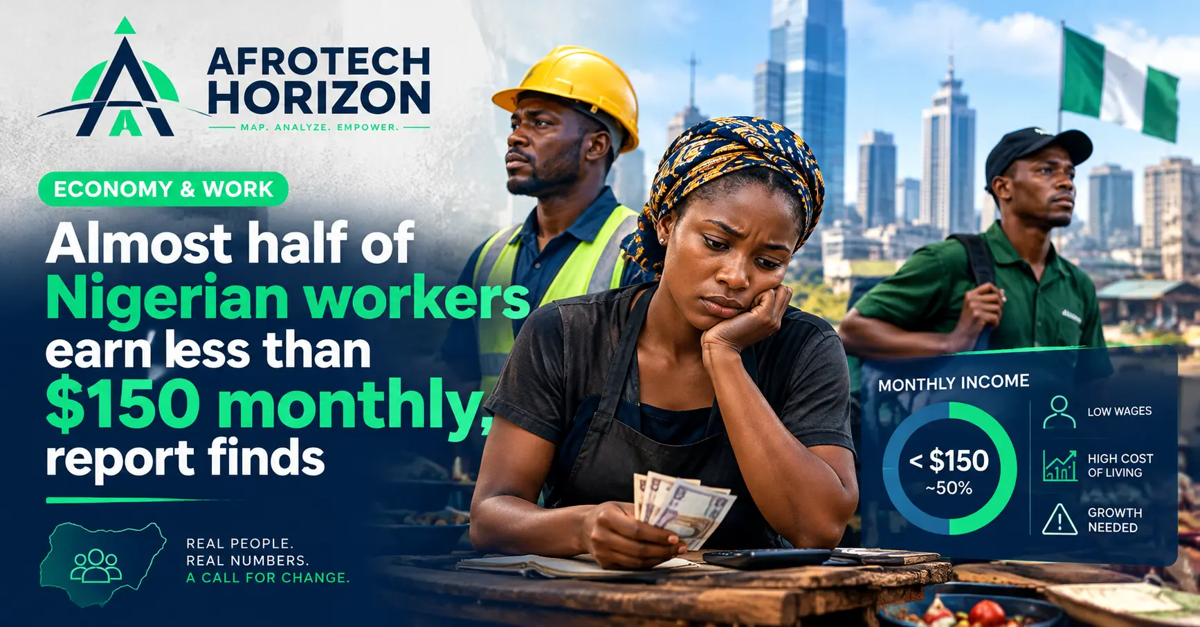 Editorial portrait of an HR director and financial controller analyzing salary distribution charts and payroll flows in front of an AfroTech Horizon logo and 'POLICY & REGULATION'