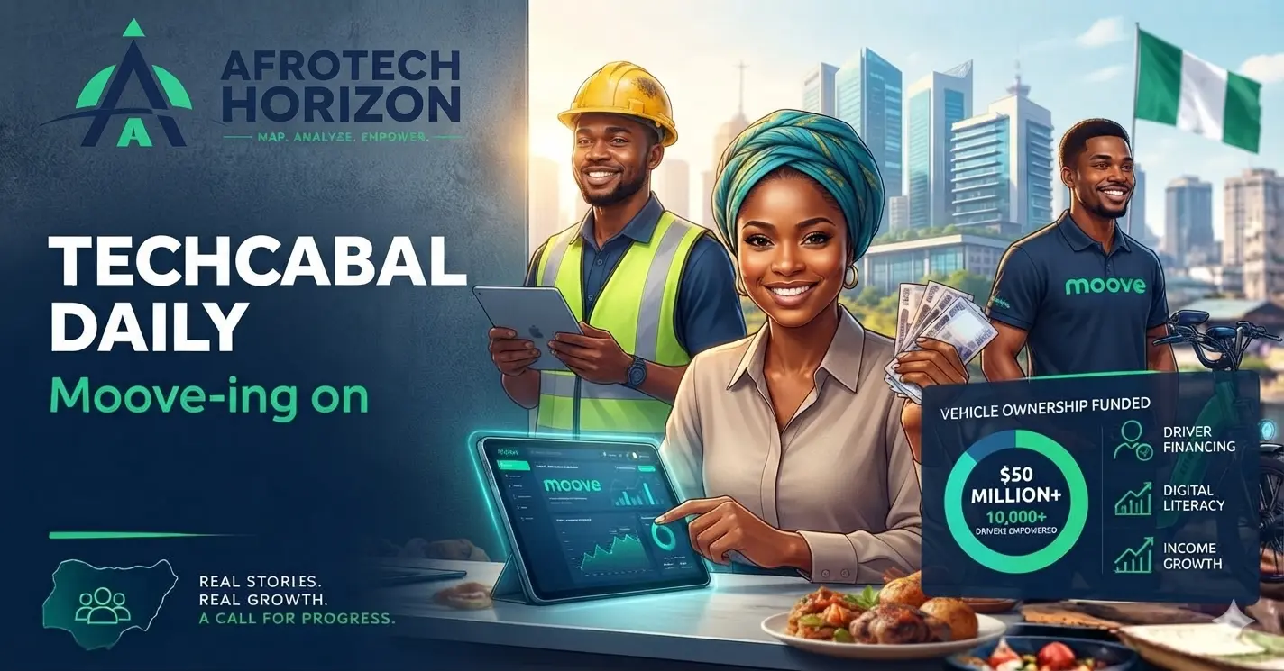 Editorial portrait of a mobility executive and fintech analyst reviewing fleet vehicle financing charts and mobile payment flows in front of an AfroTech Horizon logo and 'STARTUPS
