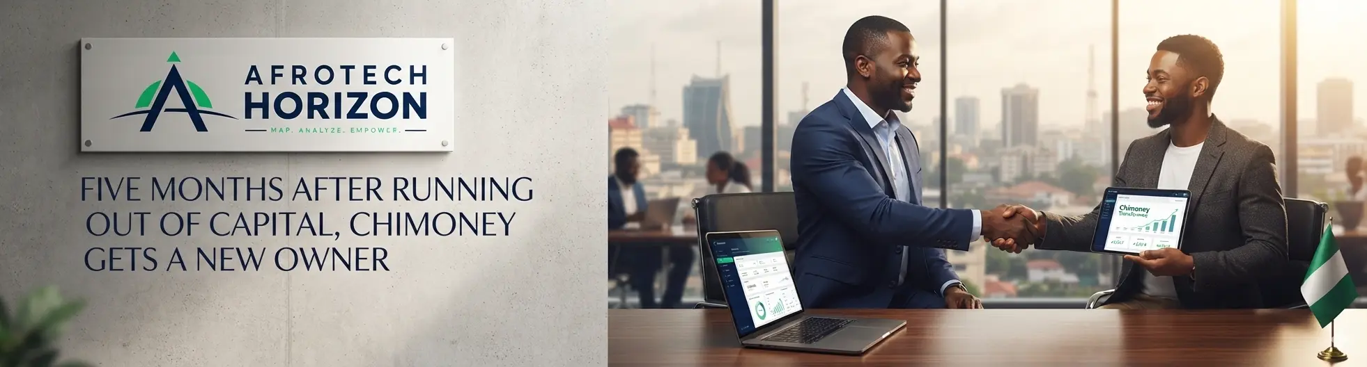 Editorial portrait of a fintech founder and corporate acquisition partner reviewing M&A terms and cross-border payment metrics in front of an AfroTech Horizon logo and 'STARTUPS &
