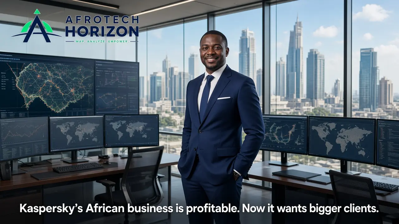 Editorial portrait of cybersecurity executives reviewing network threat monitoring dashboards and banking security flows in front of an AfroTech Horizon logo and 'INFRASTRUCTURE' b