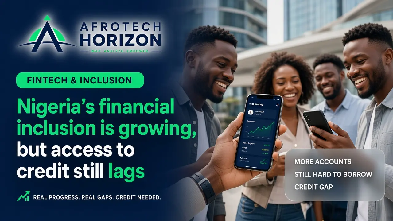 Editorial portrait of a financial inclusion analyst and credit risk manager reviewing lending metrics and mobile banking flows in front of an AfroTech Horizon logo and 'POLICY & RE