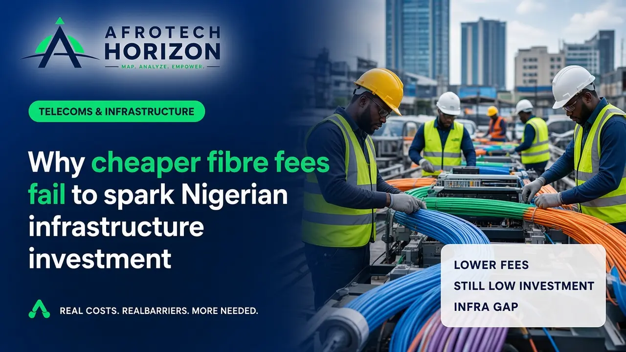 ALT Text: Editorial portrait of a telecom regulatory expert and infrastructure engineer reviewing fibre optic deployment maps and banking networks in front of an AfroTech Horizon l