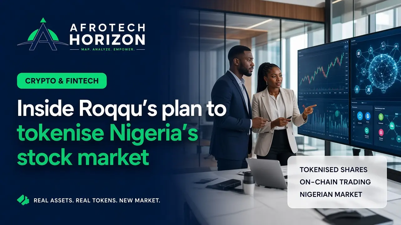Editorial portrait of a crypto executive and financial analyst reviewing blockchain tokenisation workflows and equity charts in front of an AfroTech Horizon logo and 'AI & EMERGING