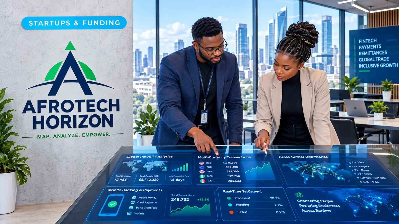 Editorial portrait of a fintech product manager and software engineer reviewing global payroll analytics and cross-border payment flows in front of an AfroTech Horizon logo and 'ST