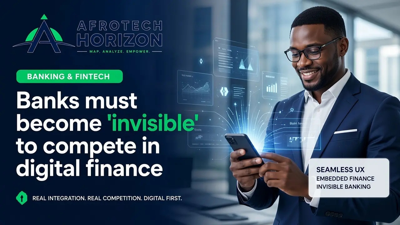 Editorial portrait of fintech director Daniel Awe and compliance officer Chukwudinma Okafor examining embedded finance topologies in front of an AfroTech Horizon logo and 'OPINION